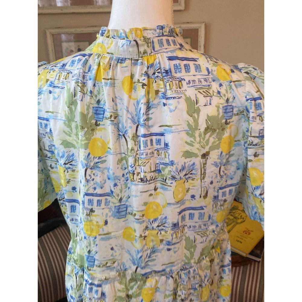 Avara Mediterranean Lemon Print Tiered Mini Dress Blue Yellow Sz s boho Cottage - Picture 9 of 10
